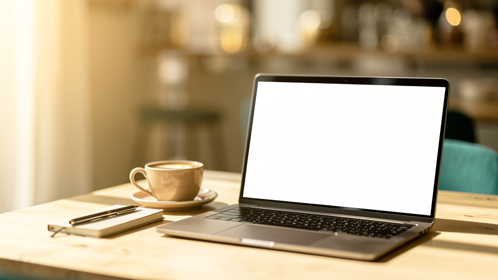 A calm cafe desk with a laptop and coffee.